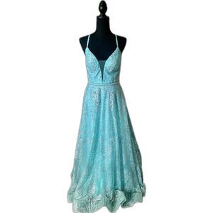 Collette for Mon Cheri aqua v-neck A-line prom gown beaded maxi sz 4 EUC